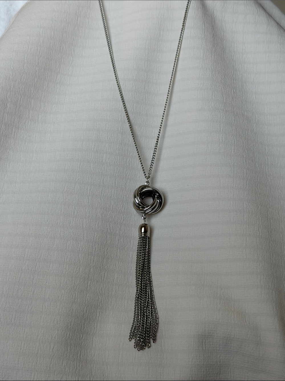 Long Silver Tone Infinity Knot Chain Tassel Necklace